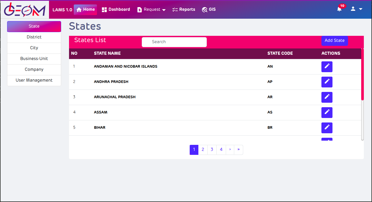 LAMS master data states list screen